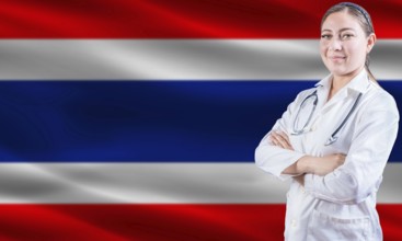 Female doctor on Thailand flag. Doctor with crossed arms on Thailand flag. Thai health and care