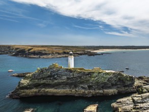 Godrevy Lighthouse from a drone, Godrevy Island, St Ives Bay, Cornwall, England, United Kingdom