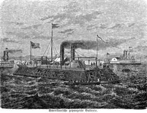 American armoured battery, various armoured ships, warships, steamships, paddle steamer, fleet, at