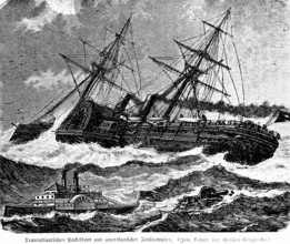 Transatlantic packet boat and American river steamer for size comparison, two-master, storm, high