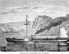 Fulton's first steamboat The Clermont on the Hudson River between New York and Albany, paddle