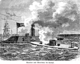 Tower ship screen and the Merrimac in battle, naval battle, US flag, armoured warships, swell,