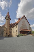 Tower and building with mural painting, courtyard, Renaissance, castle, Veste Heldburg, Heldburg,