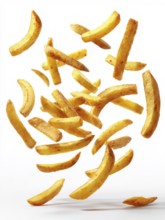 Fried, greasy, French fries, French fries, fall on the background, crispy and appetising, symbolic