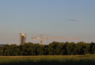 Schwabentower, half-finished high-rise GEWA-Tower, ruined building, construction crane, Fellbach,