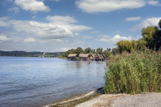 Blick über den Bodensee zu den Pfahlbauten, Pfahlbaumuseum Unteruhldingen, links am Horizont die