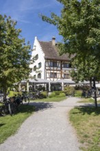 Historischer Fachwerkbau vom Rebgut Haltnau bei Meersburg mit Außengastronomie direkt am Weinberg,