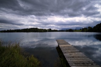 Bathing jetty, jetty, wooden jetty, jetty, leads into a lake, bathing lake, Schwaltenweiher near