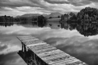 Bathing jetty, jetty, wooden jetty, jetty, leads into a lake, bathing lake, Schwaltenweiher near