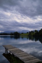 Bathing jetty, jetty, wooden jetty, jetty, leads into a lake, bathing lake, Schwaltenweiher near