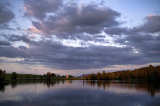 Swimming lake, Schwaltenweiher near Seeg, Allgäu Alps, evening light, atmospheric, Ostallgäu,