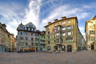 Painted buildings on Hirschenplatz in Lucerne Old Town, Canton of Lucerne, Switzerland
