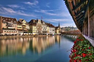 View of Lucerne's old town from the Chapel Bridge, Canton of Lucerne, Switzerland