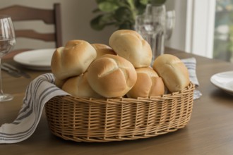 Basket of fresh bread rolls on dining table. Cozy meal and homemade bread. Generative Ai, AI