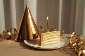 Golden party cat with slice of golden birthday cake and candles. Celebration with festive golden