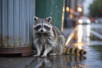 Raccoon sitting next to garbage can on city street. Urban wildlife behavior and trash scavenging in