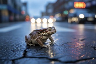 Close up of toad crossing street at twilight. Shows urban wildlife activity during dusk hours.
