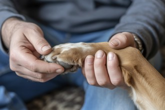 Person gently holding dog paw in close up. Shows the trust and loving bond between human and pet.