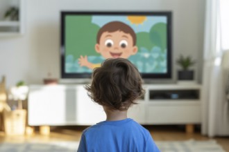 Young child seen from behind watching blurry cartoon on modern TV screen. Highlights early media