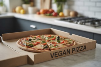 Vegetable pizza in box labeled vegan pizza on kitchen counter. Healthy plant-based fast food option