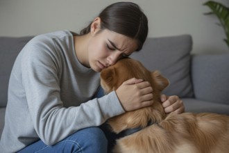 Worried young woman hugging her dog. Shows emotional support and the strong bond between woman and