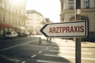 Direction sign with red Arztpraxis text in bright sunlight. Points to medical clinic with