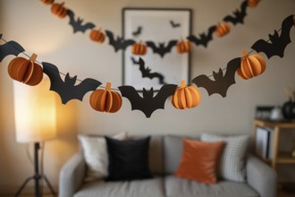 Black and orange Halloween garland with bats and pumpkins hanging in cozy living room. Generative