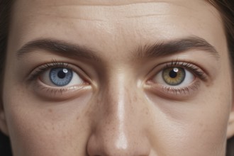 Close-up of woman's face showing heterochromia. One blue eye and one hazel eye. Generative ai, AI