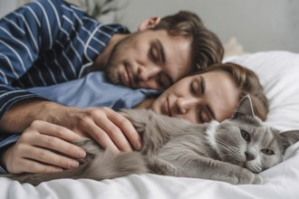 Cat lying in bed with sleeping couple, close-up of fur and hands. Symbol of pet-human bond,