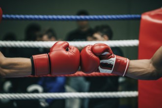 Red boxer's gloved hands touching fists before a spar. Generative ai, AI generated