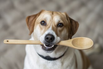 Dog holding a wooden cooking spoon in its mouth. Concept of preparing homemade dog food and cooking