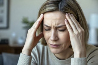 Woman touching forehead in pain. Concept of headache or migraine discomfort. Generative AI, AI