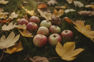 Apples on grass with fallen autumn leaves. Generative AI, AI generated