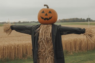 Scarecrow with pumpkin head with painted Halloween face and black jacket. Generative ai, AI