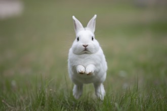 White bunny jumping toward camera through green grass. Playful and energetic wildlife moment in