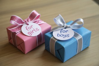 Two small gender color-coded gift boxes labeled for boys and girls. Concept for gender stereotypes