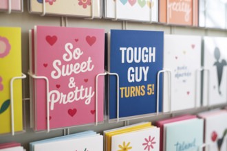 Pink and blue children's greeting cards on a rack. Gender stereotypes and societal expectations