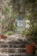 A rustic stone staircase with clay pots and green plants leads to a green door in a Mediterranean