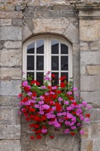 Arched window in a historic house, floral decoration, old town of Guingamp, Département