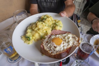 Leberkäse with fried egg and potato salad, served in a beer garden, Munich, Bavaria, Germany