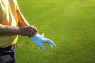 Golfer putting on a white glove, getting ready for an exciting game on a lush, vibrant green golf
