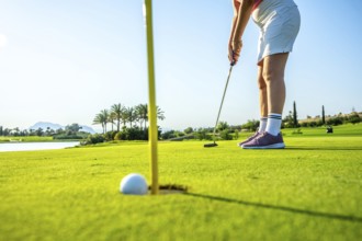 Female golf player putting ball on the green into the hole on a beautiful sunny day on a golf