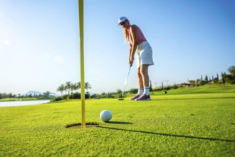 Woman golfer putting a ball on the green, aiming for the hole under a bright sun at a picturesque