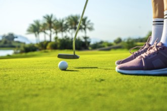 Golfer is putting a golf ball on a green towards the hole on a sunny day with a lake and palm trees