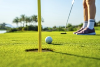 Golfer focusing on a crucial putt on a lush green course, with a ball near the hole. Palm trees and