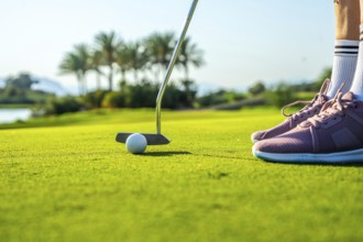 Golfer putting ball on a green using a putter, in a sunny golf course with palm trees and a lake in