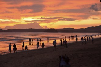 Tourists strolling along a picturesque beach in thailand at sunset, soaking in the vibrant orange