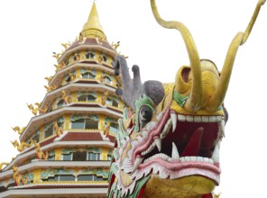 Colorful dragon statue standing in front of a traditional thai temple, showcasing the rich cultural