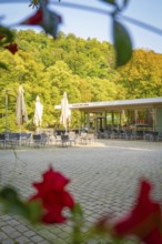 Café with terrace and parasols, surrounded by green trees and red flowers, Nagold, district of
