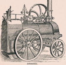 Steam locomotive with horizontal transportable steam engine, vehicle, piston rod turns the belt